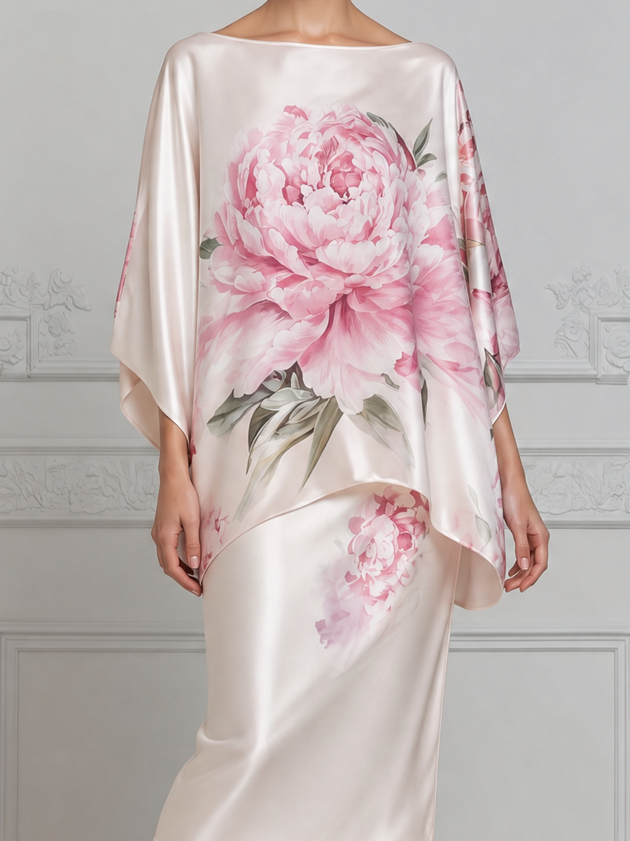 White Dress Pink Peony Satin Cape Overlay Pencil Midi Dress