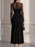 Elegant Sheer Mesh Long Sleeve Pleated Hem Midi Dress
