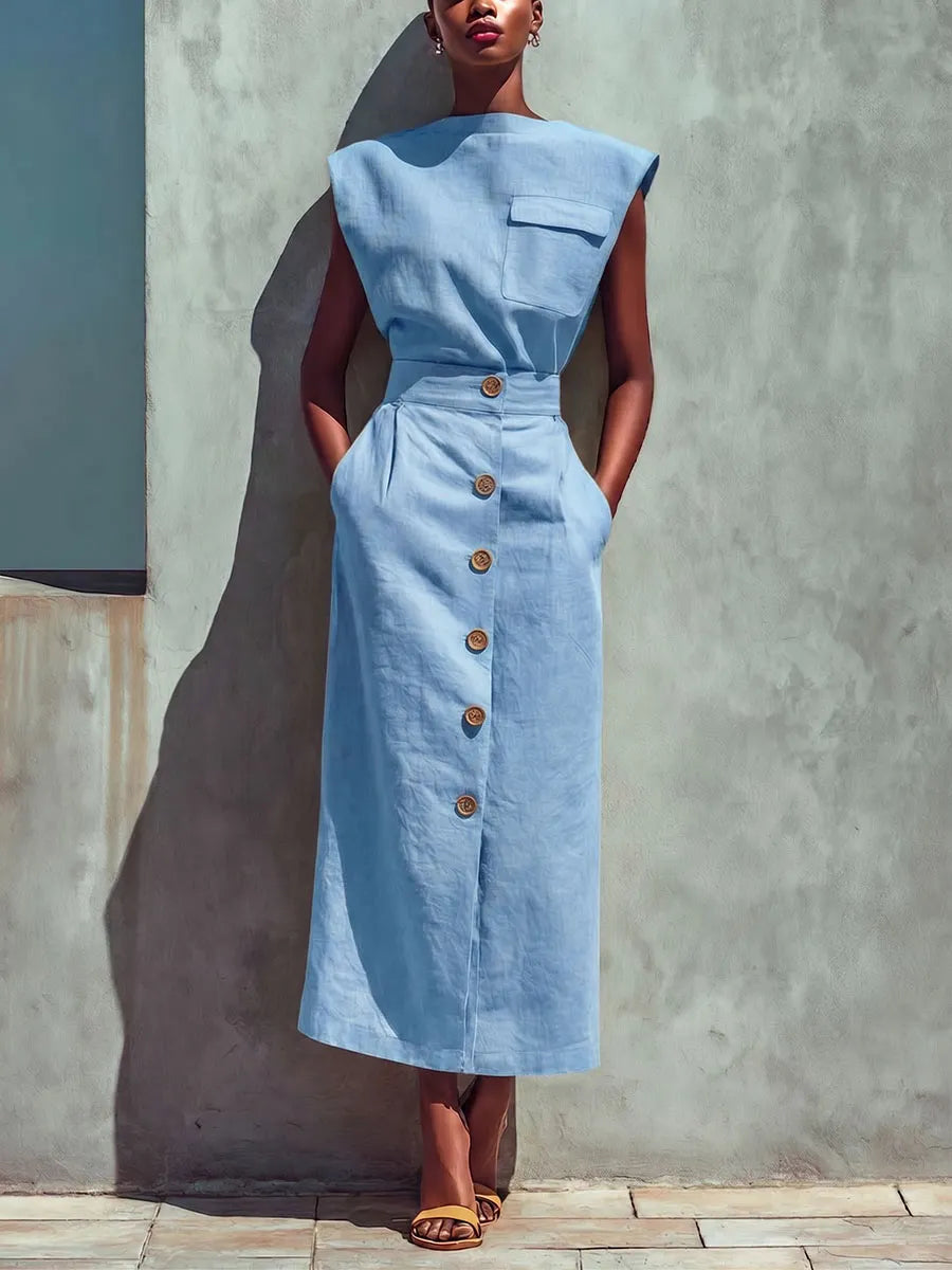 Women's Solid-color Stand-collar Sleeveless Loose-fit Cotton-linen Top & High-waisted Skirt Set