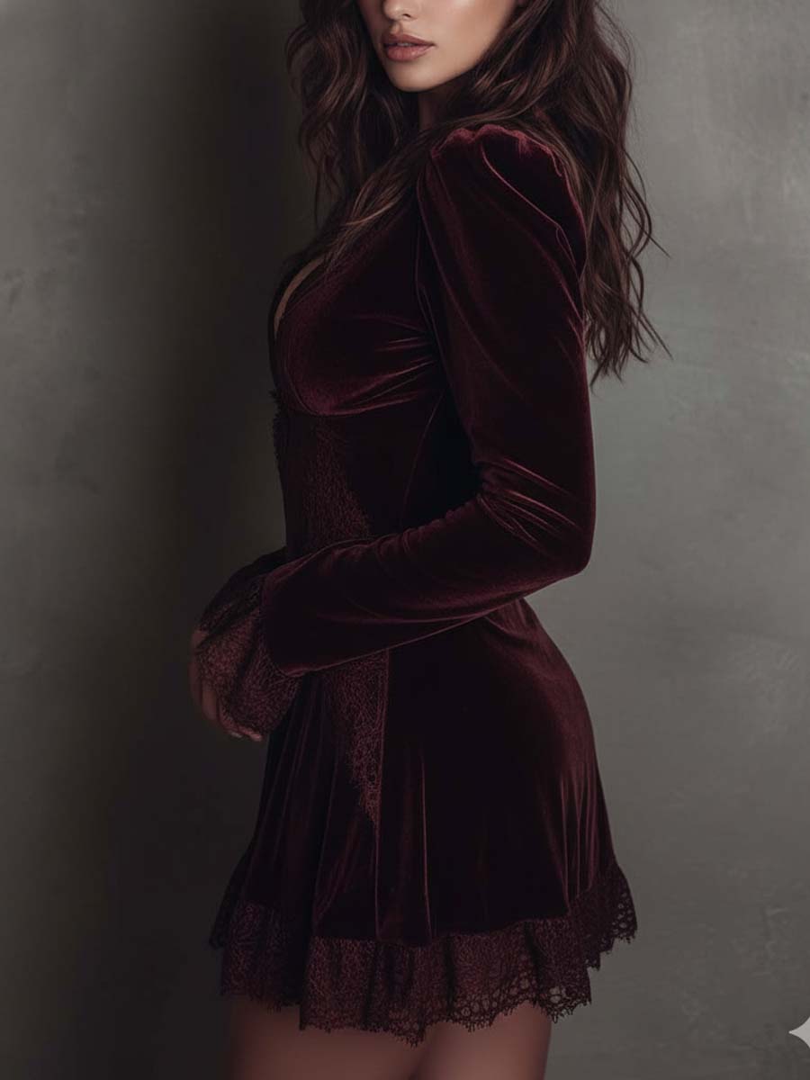 Polyester Velvet Lace Trim Mini Dress - Burgundy