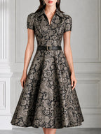 Collared Short Sleeve Paisley Jacquard Midi Dress