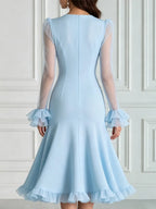 Romantic Sheer Mesh Flounce Sleeve Mermaid Midi Dress