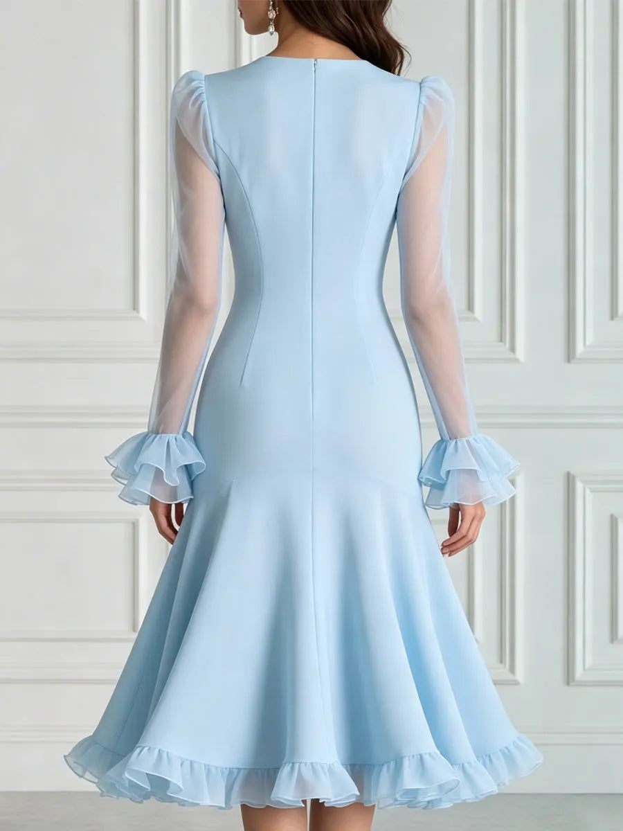Romantic Sheer Mesh Flounce Sleeve Mermaid Midi Dress