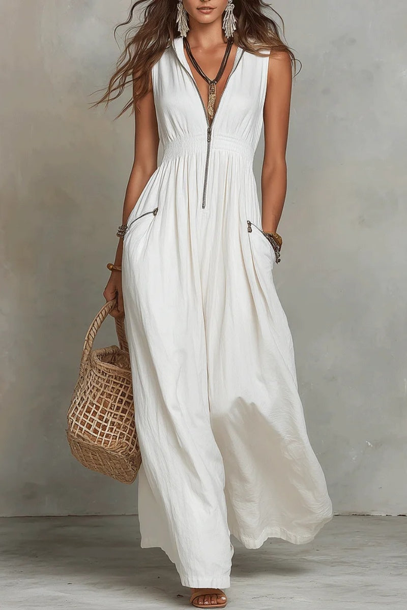 White Zip-Front Bohemian Maxi Dress