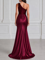 One Shoulder Velvet & Satin Ruched Maxi Evening Gown