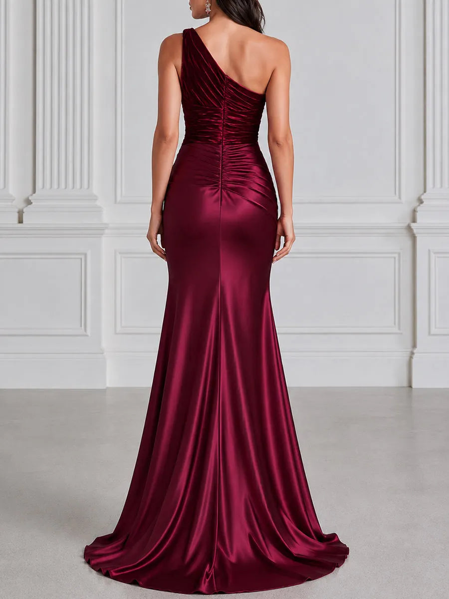 One Shoulder Velvet & Satin Ruched Maxi Evening Gown