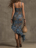 Tie-Dye Print Ruched Midi Dress With Ruffled Hem