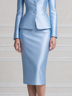 Blue Satin Stand Collar Blazer & Pencil Skirt Set