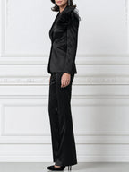 Satin Blazer Suit With 3D Flower Shoulder Detail & Flared Trousers