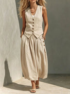 Solid-color Sleeveless Button-front Cardigan Vest Dress Set