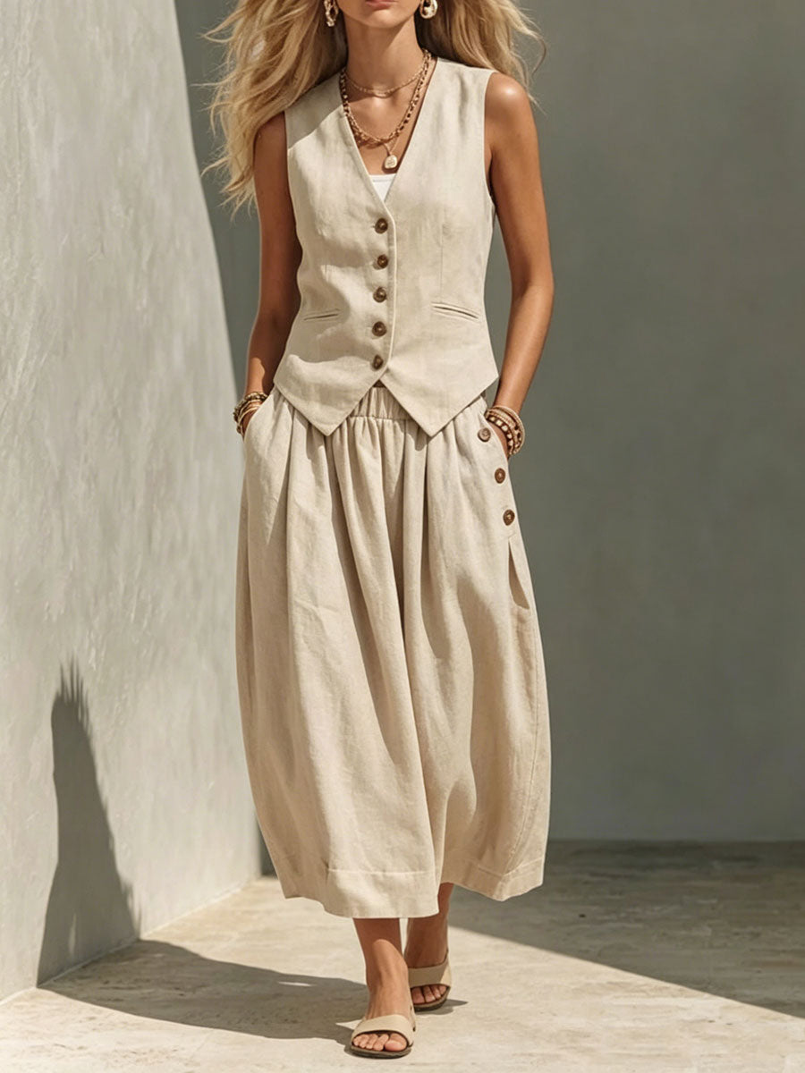 Solid-color Sleeveless Button-front Cardigan Vest Dress Set