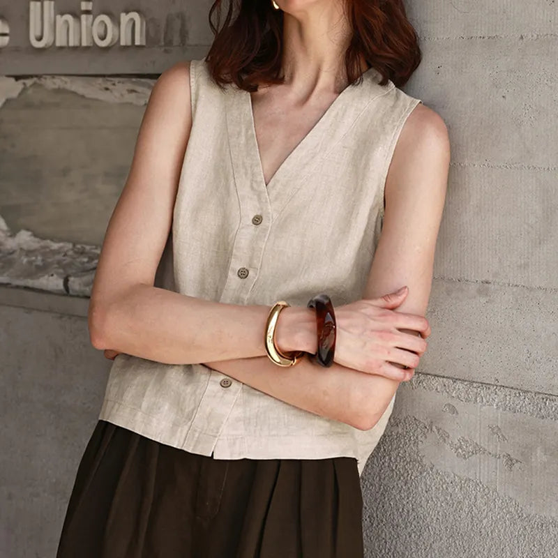 Women's Solid Color Cotton-linen Button-up Vest