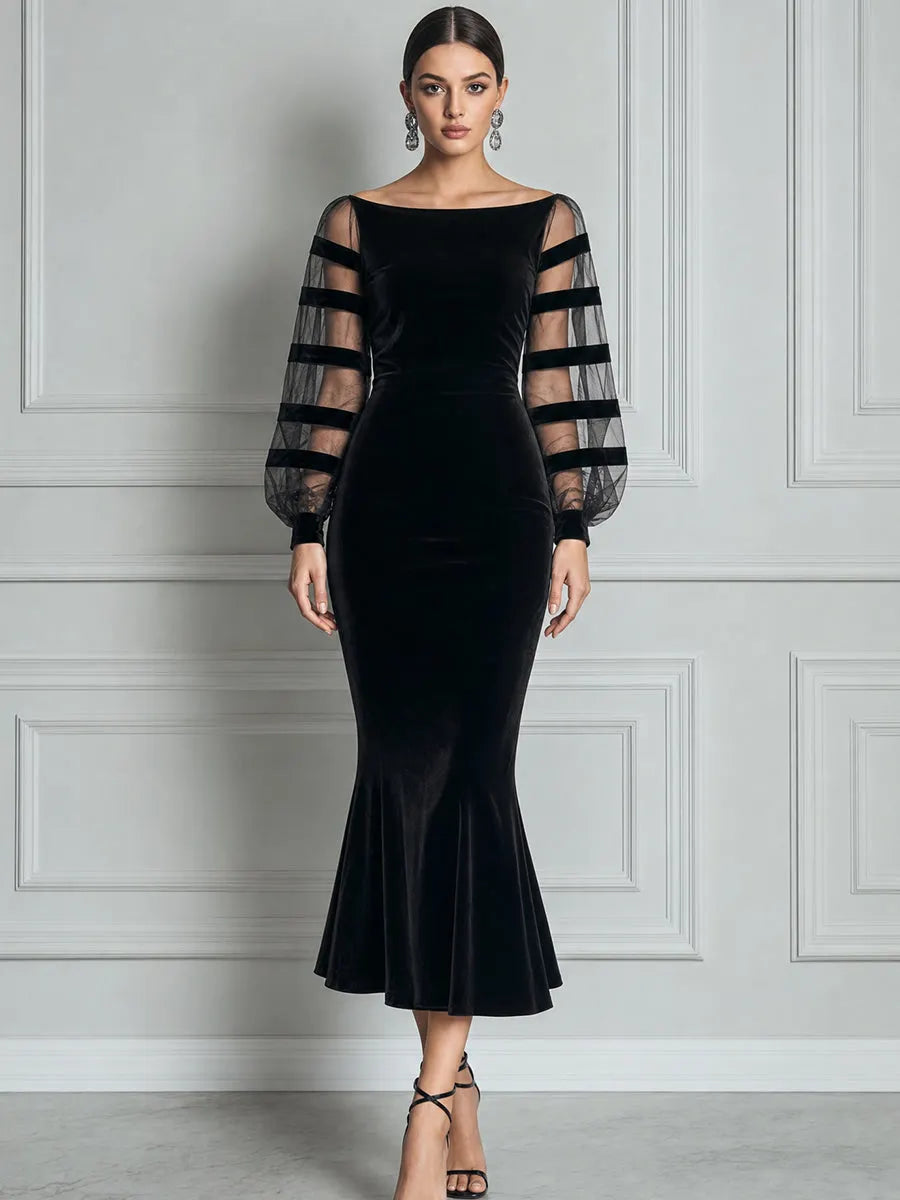 Velvet Boat-Neck Striped Mesh Sleeve Mermaid Midi Dress