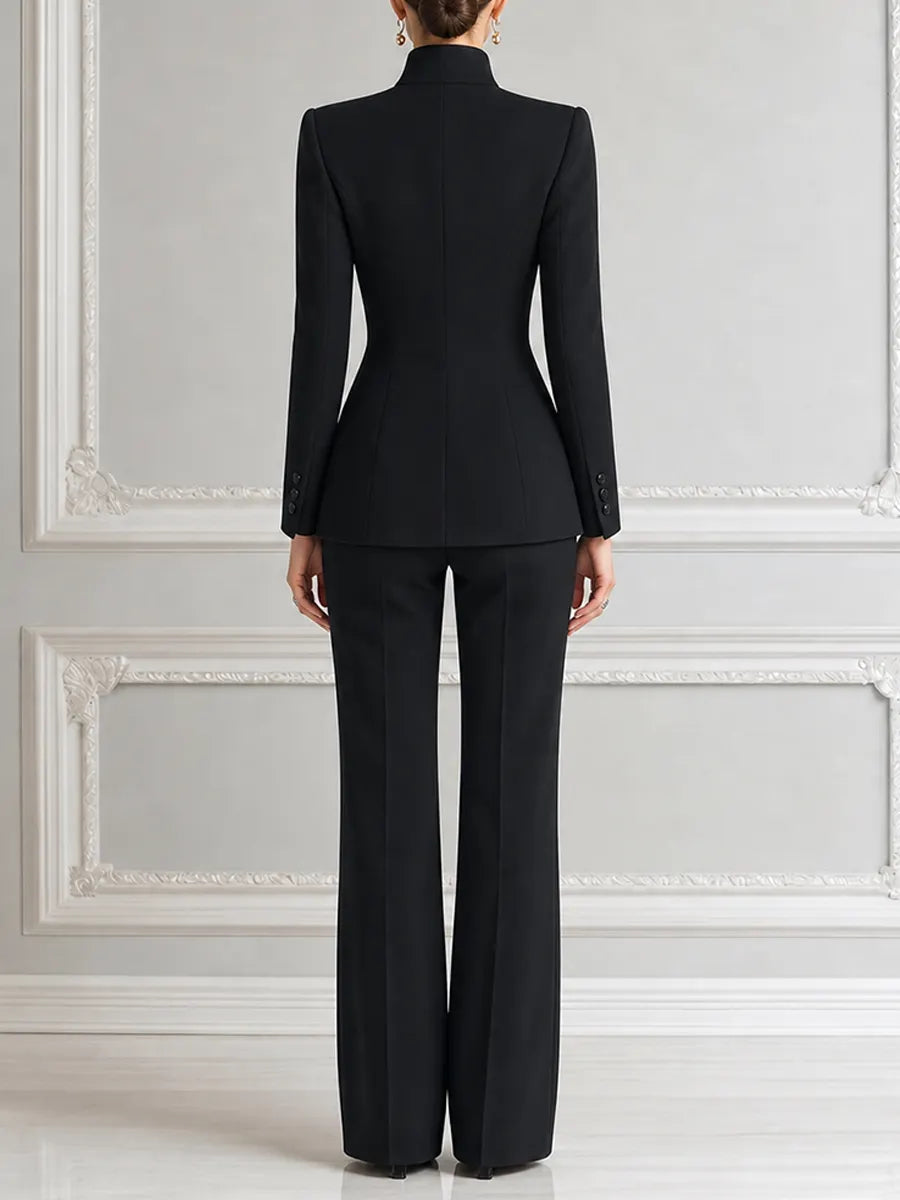 Black Pink Rose Embroidered Stand Collar Tailored Blazer & Wide Leg Trousers Two-Piece Suit Set
