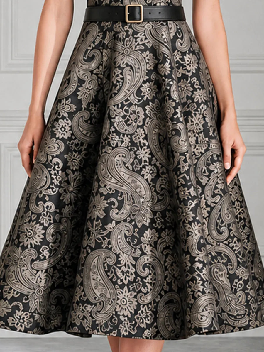 Collared Short Sleeve Paisley Jacquard Midi Dress