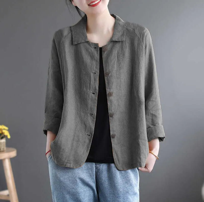 Vintage Button Cotton Linen Solid Comfy Blouse