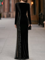 Asymmetric Side Sequin Panel Velvet Maxi Dress