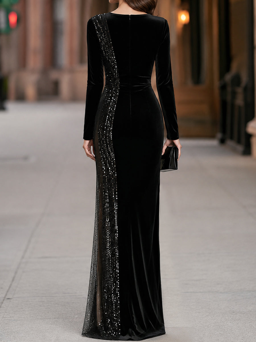 Asymmetric Side Sequin Panel Velvet Maxi Dress