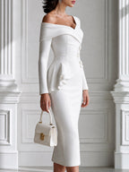 Elegant Off-the-Shoulder Ruffle Peplum Bodycon Midi Dress