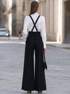 Black Suspender Wide Leg Trousers With White Blouse Set