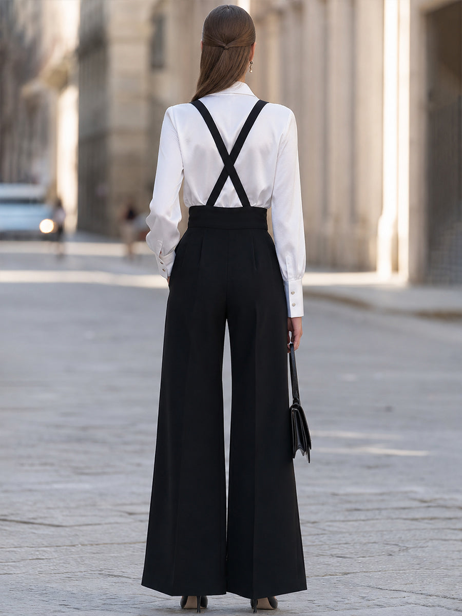 Black Suspender Wide Leg Trousers With White Blouse Set