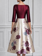 Burgundy Satin Bodice Floral Print A-Line Midi Dress