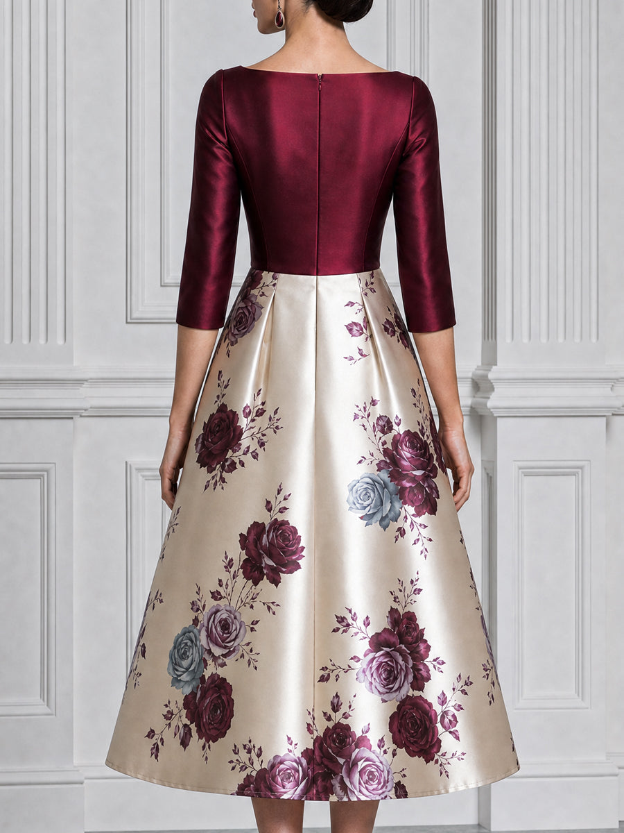 Burgundy Satin Bodice Floral Print A-Line Midi Dress