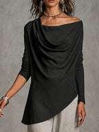 Black Draped Cowl Off Shoulder Long Sleeve Top & Light Heather Grey Wide Leg Pants Two Piece Set