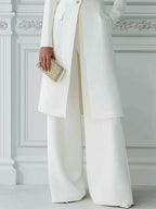 Stand Collar Gold Button Longline Blazer & Wide-Leg Pants Two-Piece Suit Set
