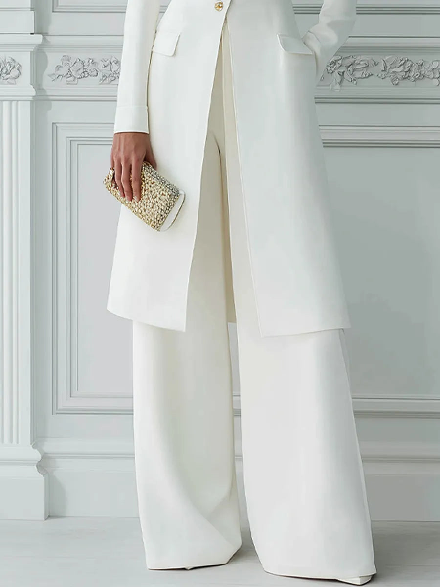 Stand Collar Gold Button Longline Blazer & Wide-Leg Pants Two-Piece Suit Set