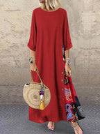 Women's Retro Floral Contrast Button Patchwork Cotton And Linen Casual Dress