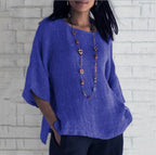 Women's Cotton Linen Three-quarter Sleeve Crew Neck Shirt
