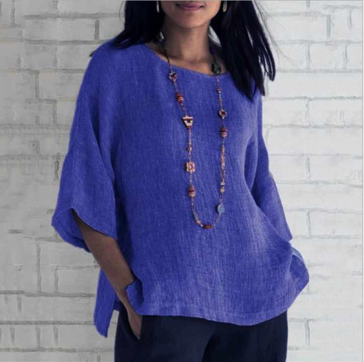 Women's Cotton Linen Three-quarter Sleeve Crew Neck Shirt