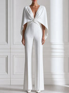 Draped Cape-Sleeve Deep V-Neck Wide Leg Jumpsuit