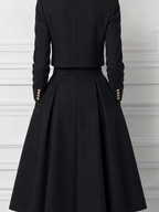Black Contrast White Peter Pan Collar Cropped Jacket & High Waist A-Line Midi Skirt Two-Piece Set