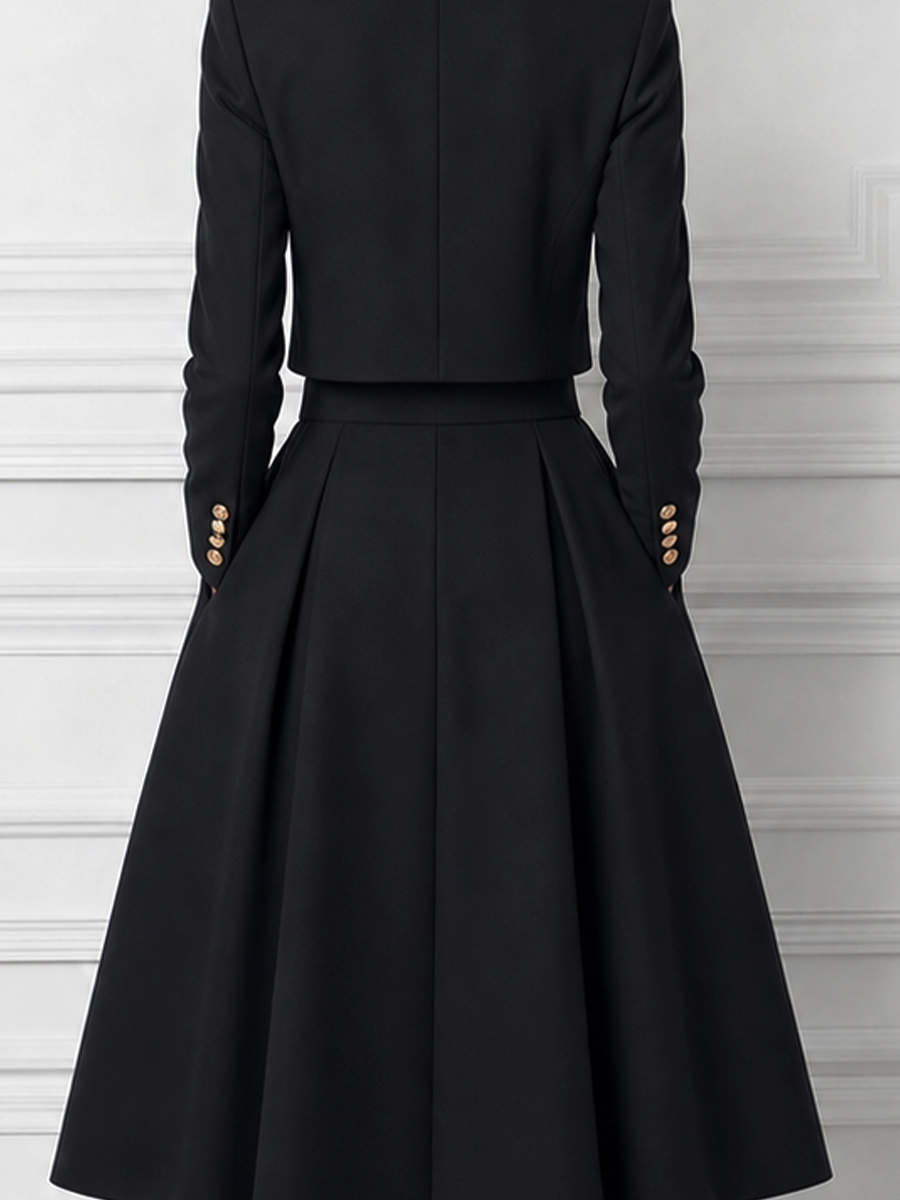 Black Contrast White Peter Pan Collar Cropped Jacket & High Waist A-Line Midi Skirt Two-Piece Set