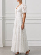 V-Neck Puff Sleeve Polka Dot Ruffle Maxi Dress