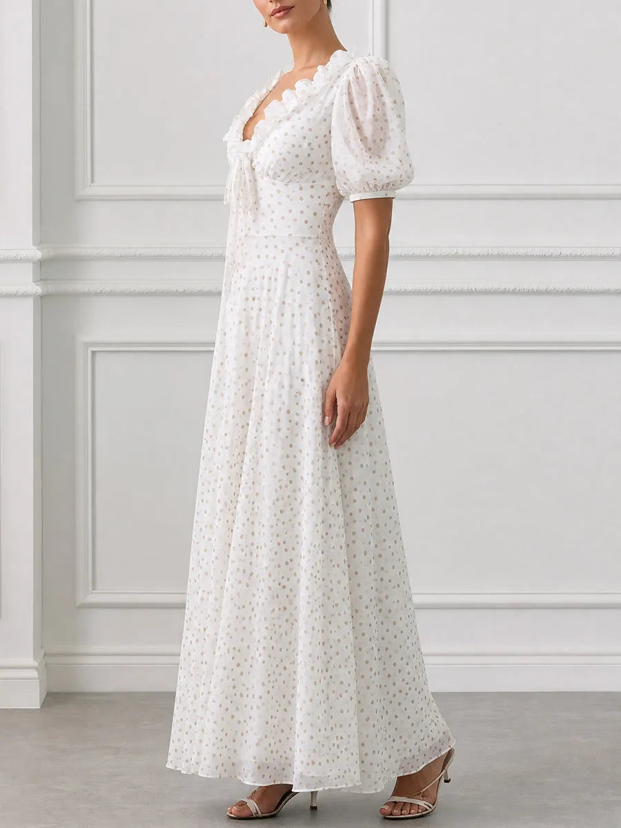 V-Neck Puff Sleeve Polka Dot Ruffle Maxi Dress