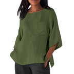 3/4 Sleeved Round Neck Pocket Loose Casual Shirt