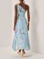 Light Blue Floral Pleated Chiffon One-shoulder Maxi Dress
