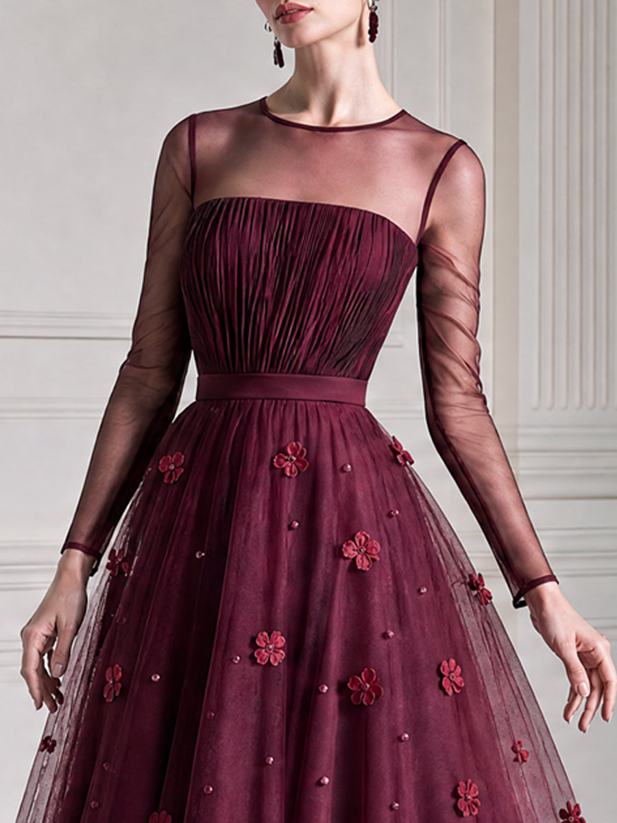 3D Floral Tulle Round Illusion Sheer Sleeve Midi Dress