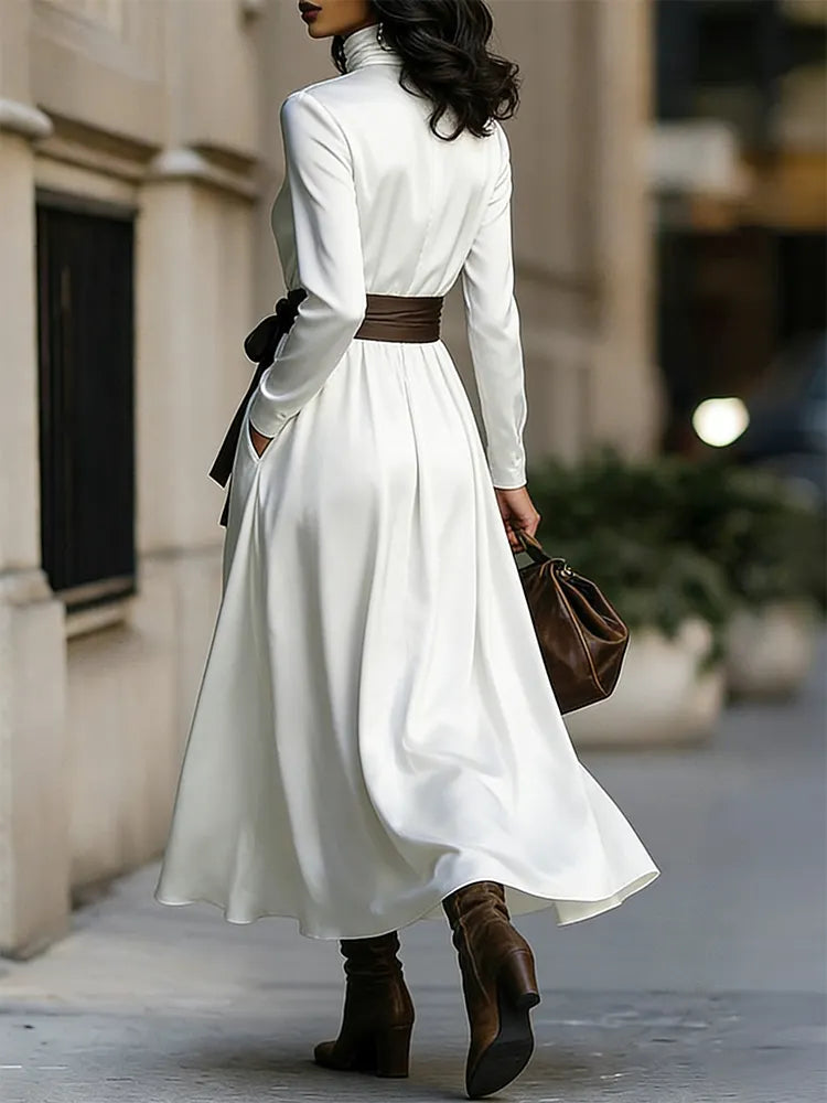Classy Color Blocked Belted Turtleneck Flowy Maxi Dress