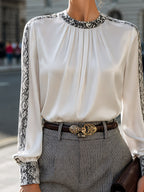 Satin Pleated Snake-Print Trim Blouse