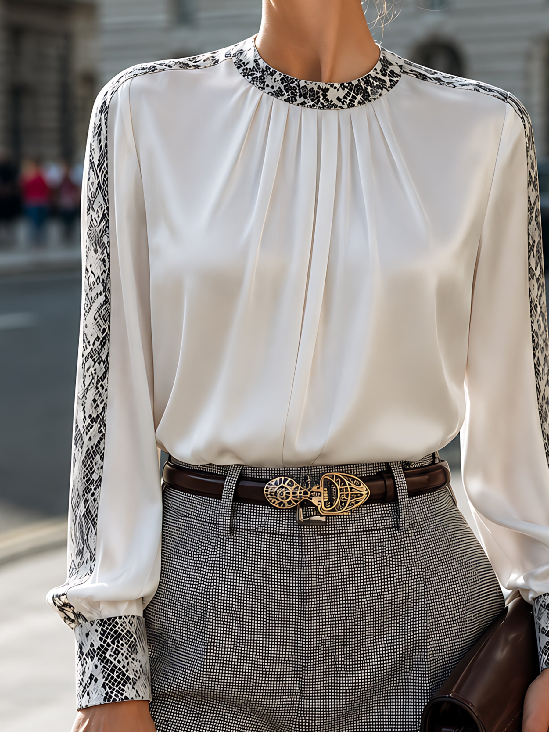 Satin Pleated Snake-Print Trim Blouse