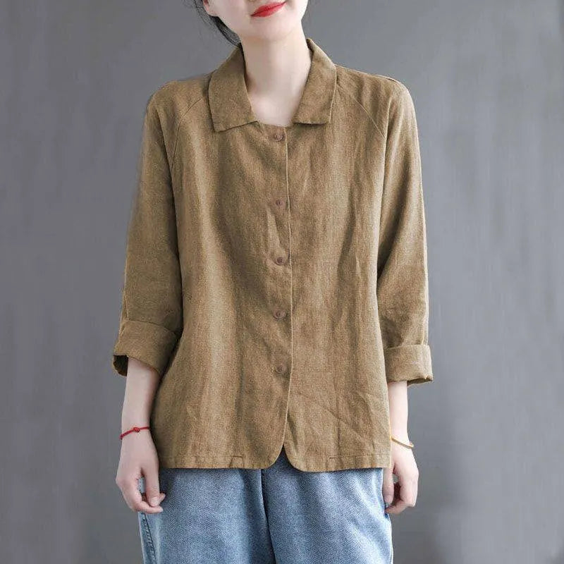 Vintage Button Cotton Linen Solid Comfy Blouse