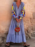 Women's Retro Striped Art Long Sleeve Casual Vacation Maxi Dress