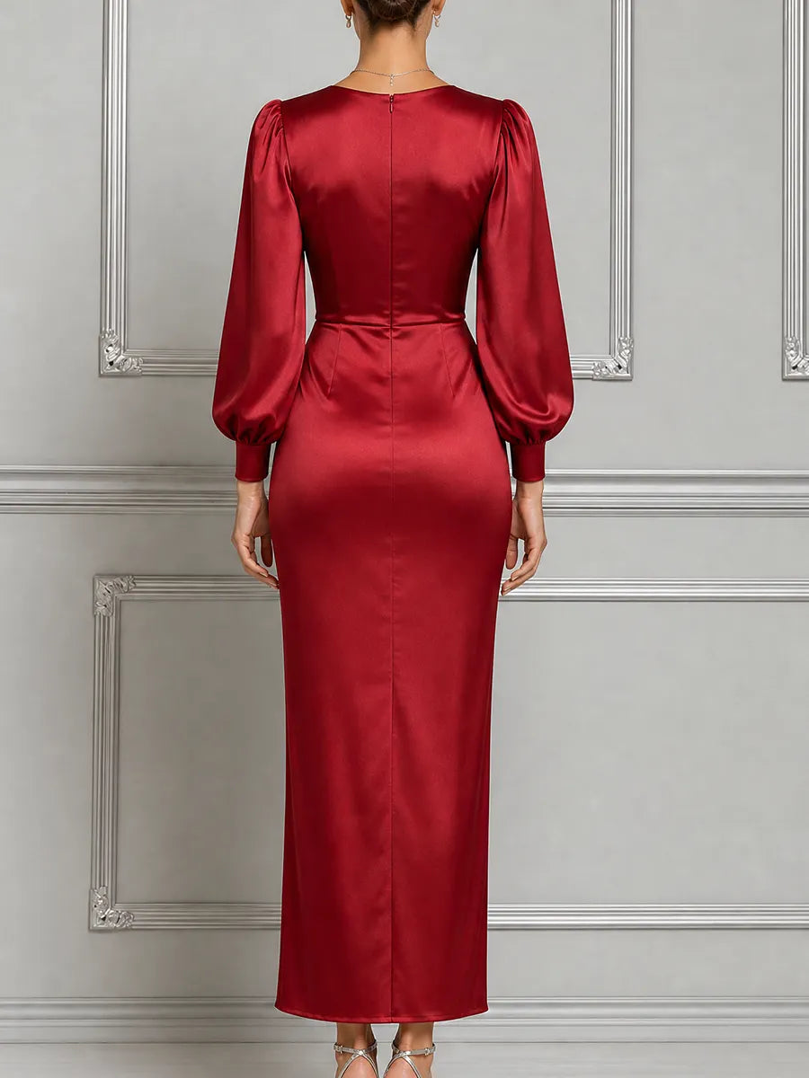 Red Dress Fall Wedding Guest Dress Satin Puff Sleeve Maxi Dress