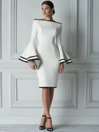 Boat-Neck Contrast-Trim Bell-Sleeve Bodycon Midi Dress