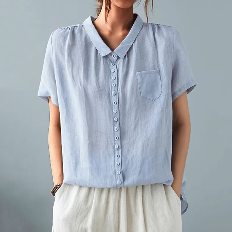 Casual Lapel Button Design Cotton And Linen Shirt