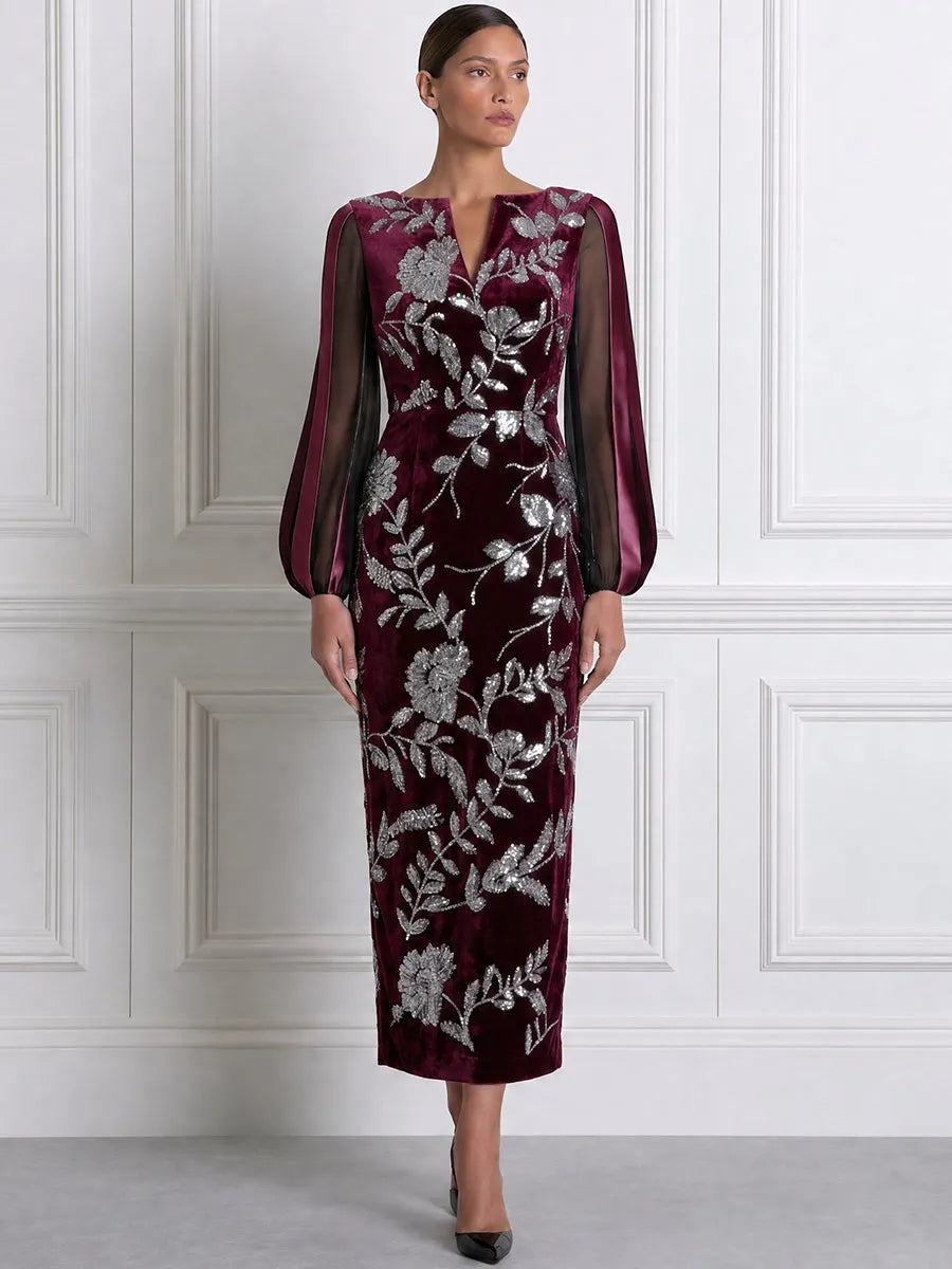 Silver Sequin Floral Sheer Stripe Sleeve Split-Neck Velvet Bodycon Maxi Dress